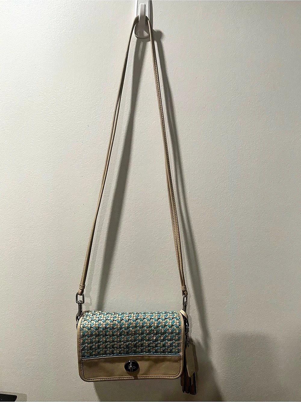 Coach Woven Leather Mini Crossbody - Turquoise Cream - 23705